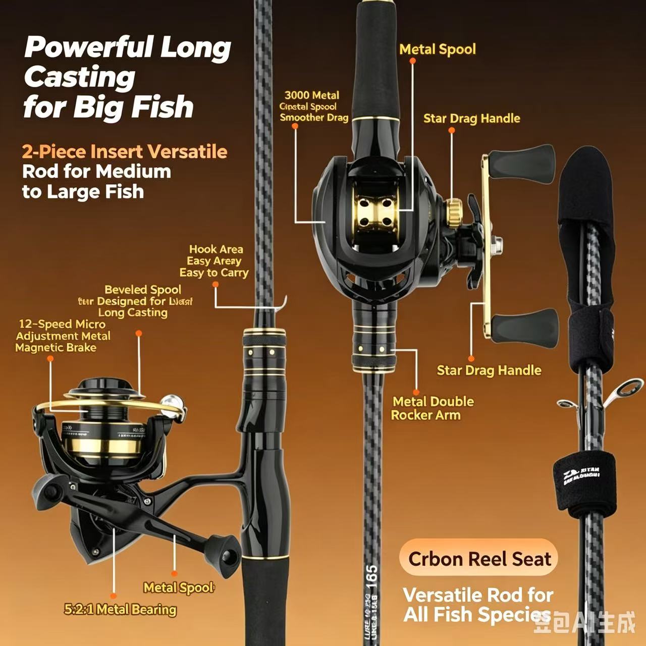 Fishing Rod Carbon Fiber - ชุดคันเบ็ดและรอกตกปลาคาร์บอนไฟเบอร์ สำหรับการตีเหยื่อระยะไกล ตกปลาทะเลน้ำเค็ม (ความยาว: 1.66 ม./1.81